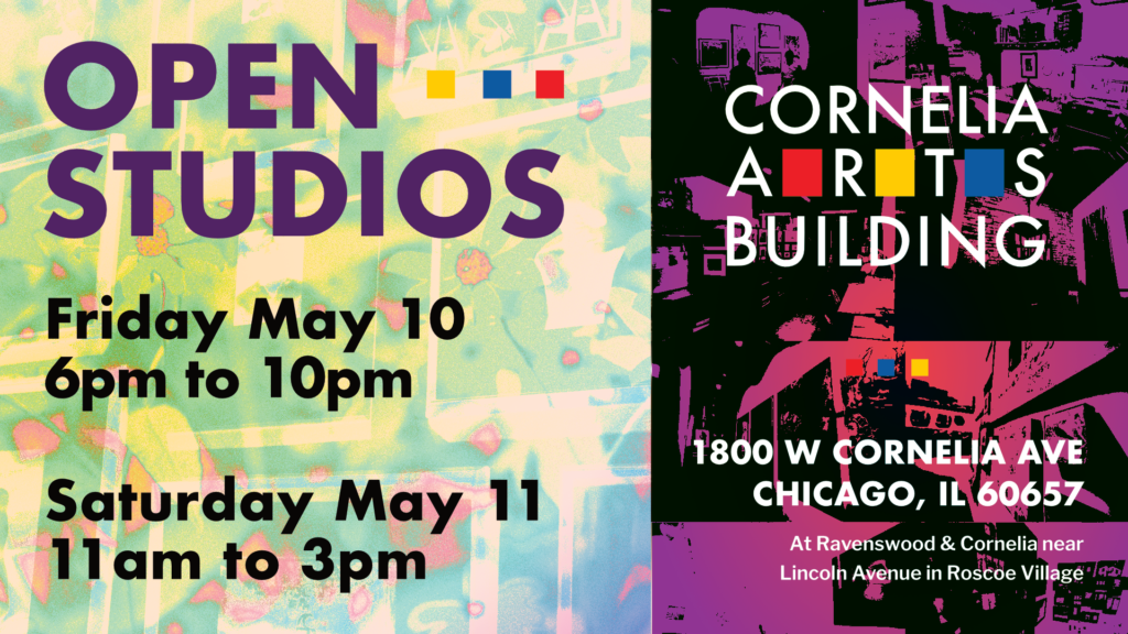 An art show graphic shows layers of pastel flower imagery and announcement text next to the building graphic and location information, which is shown in darker purple and violets over studio imagery