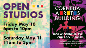 An art show graphic shows layers of pastel flower imagery and announcement text next to the building graphic and location information, which is shown in darker purple and violets over studio imagery