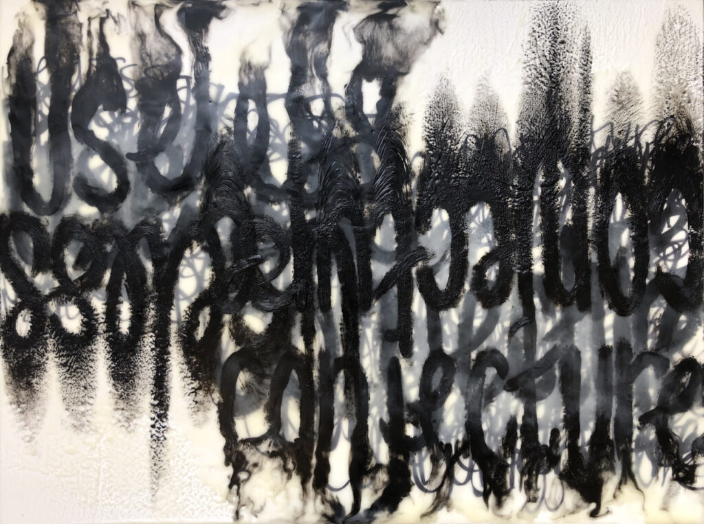 An abstract image made of dark wax characters that look vaguely like letters of the alphabet are overlaying a white wax background