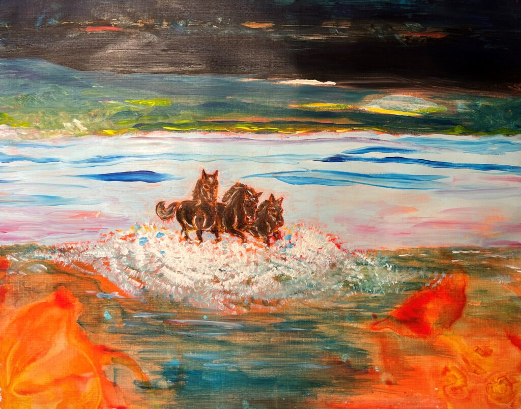 an impressionistic painting of a 3 horses galloping through water with bright streaks of blues, oranges and greens all around them in the background.