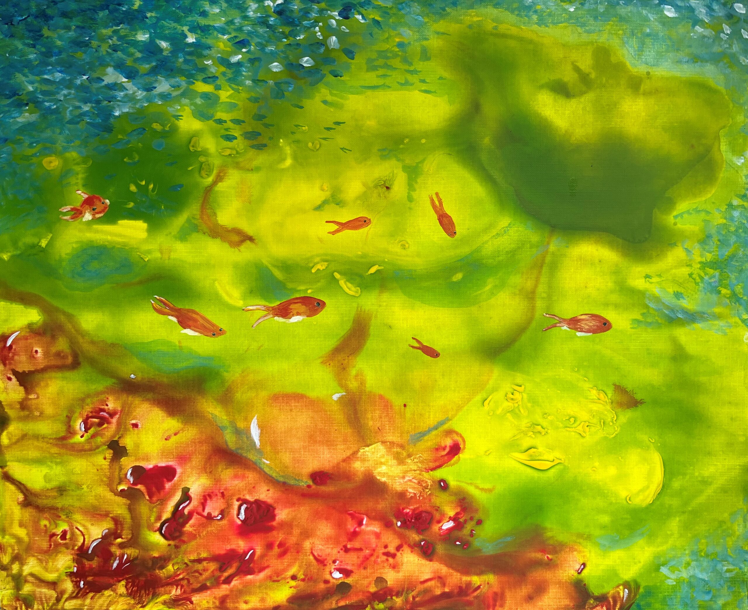 An impressionistic painting of small orange fish swimming around in a colorful seascape painted in blues, greens and orange coloring.
