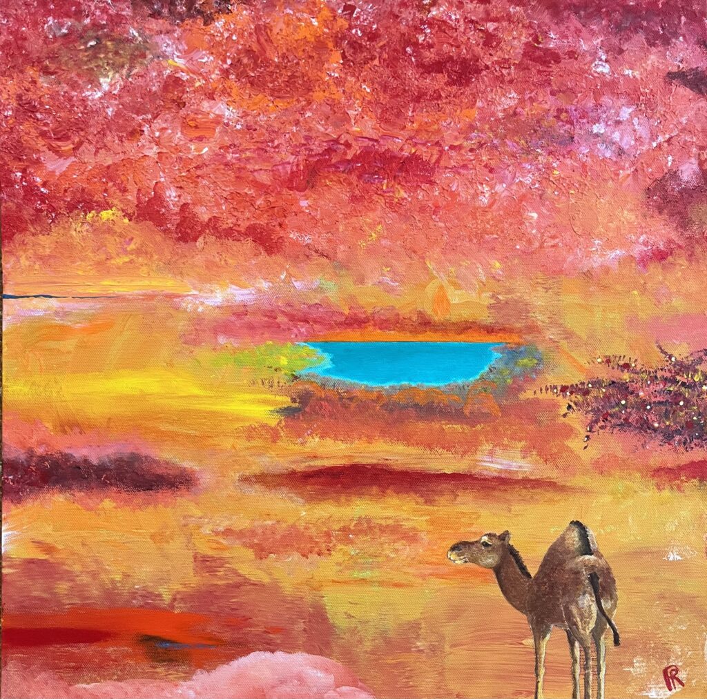 A dessert scene painting in colorful reds, yellows and maroons with an intense blue pond or oasis forms the backdrop of a painting of a camel facing away from the viewer