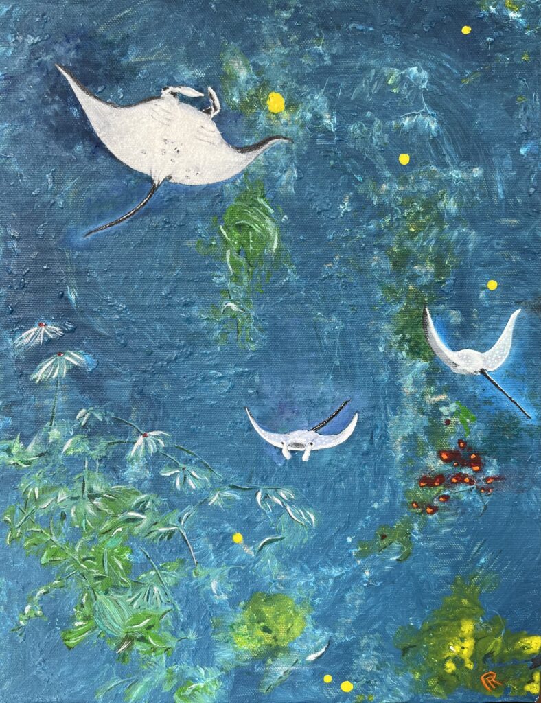 A painting of a seascape in an impressionistic painting style depicts 3 manta rays swimming among assorted types of colorful undersea plant life