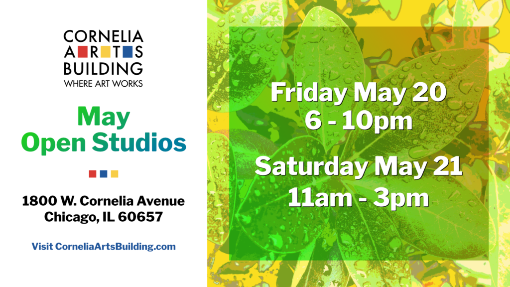 Announcement banner for our shows on Friday May 20 from 6 to 10 pm and Saturday May 21 fro 11am to 3pm. The motif is spring floral imagery in a light yellow and light green color overlay.
