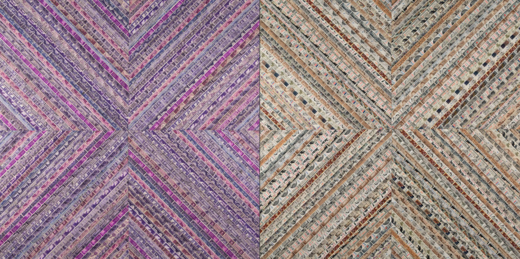 Photo of a mixed media art piece. Rows of old postage stamps are affixed to the surface in matching patterns that resemble two large patterns of triangles next to one another. The left pattern takes a lavender or light purple color tone while the right one has a lighter, almost creamy white appearance.