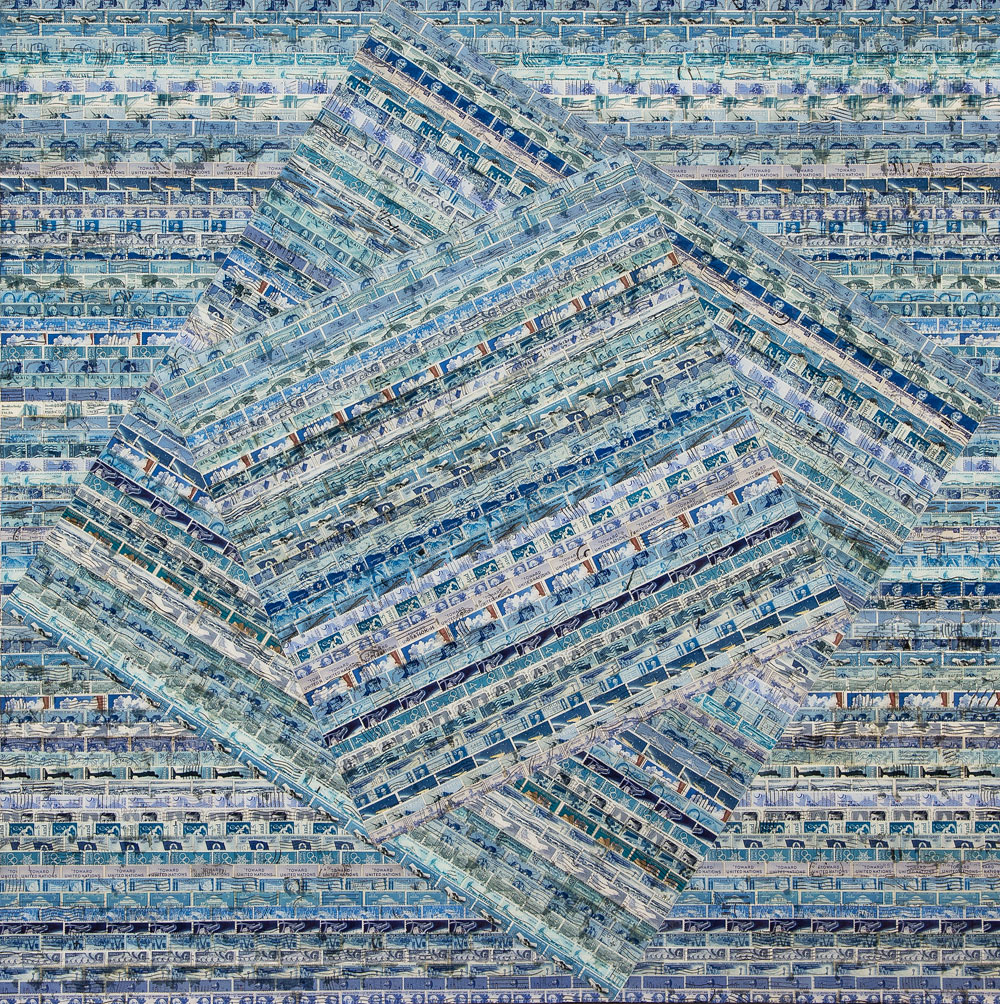 A photo of a mixed-media art piece. In it, rows of old postage stamps with predominantly blue and green color schemes are arranged in rectangles which are "stacked" on and in within one another, but at slightly different angles. The overall image, though geometric, has a quality that resembles waves in a sea.