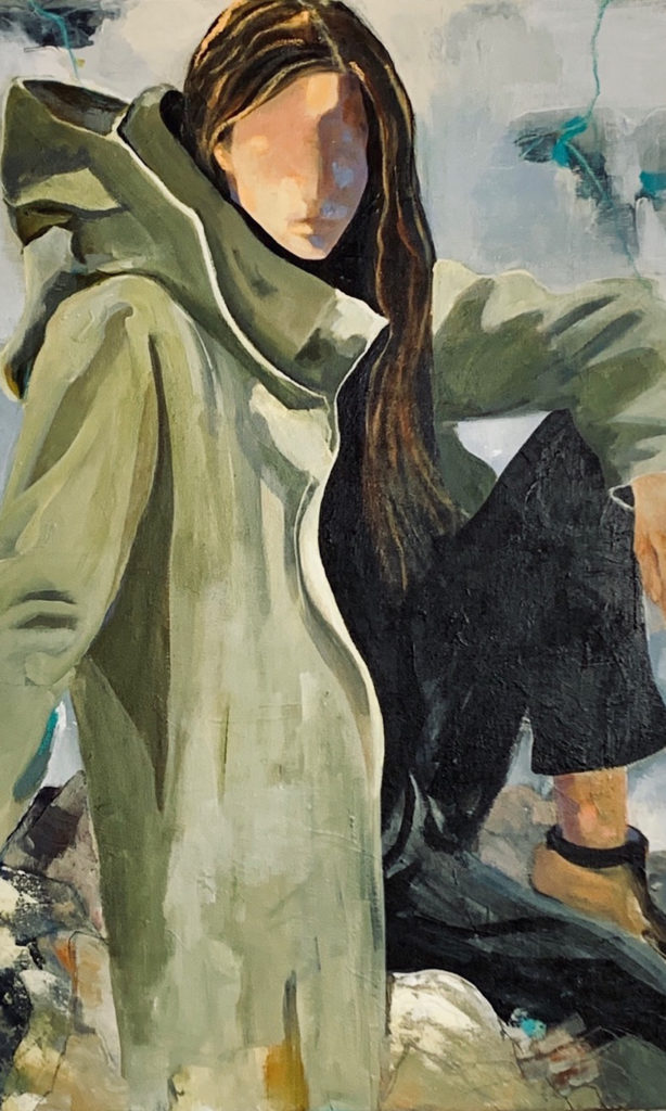 A painting of a woman with long, brown hair and fair skin, and wearing a large green overcoat and wearing blue jeans and shoes. She is seated in a partially obscured forest