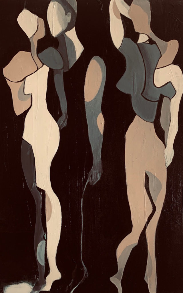 A painting of 1 male and 2 nude females standing near one another in a dark space. The style is very abstract, reducing the human figures to little more than beige, brown and grey shapes
