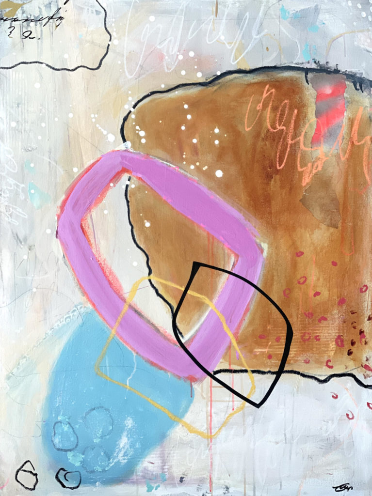 A lively abstract piece with large pink, brown and blue shapes alongside some indecipherable text in white and black and yellow, black and blue line drawing throughout