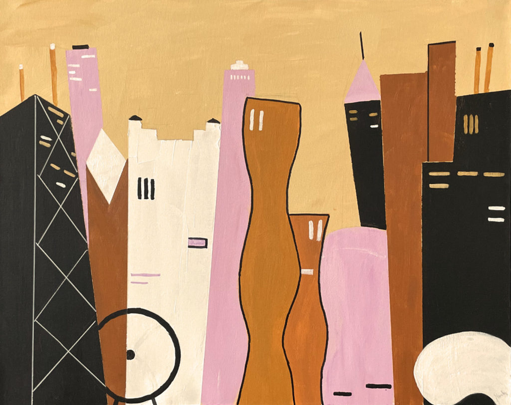 A very stylized image of the Chicago skyline, done in pinks, light browns, mustard colors, white and black. The buildings are depicted with very few windows, and standing at different angles to the point of looking like abstract geometry