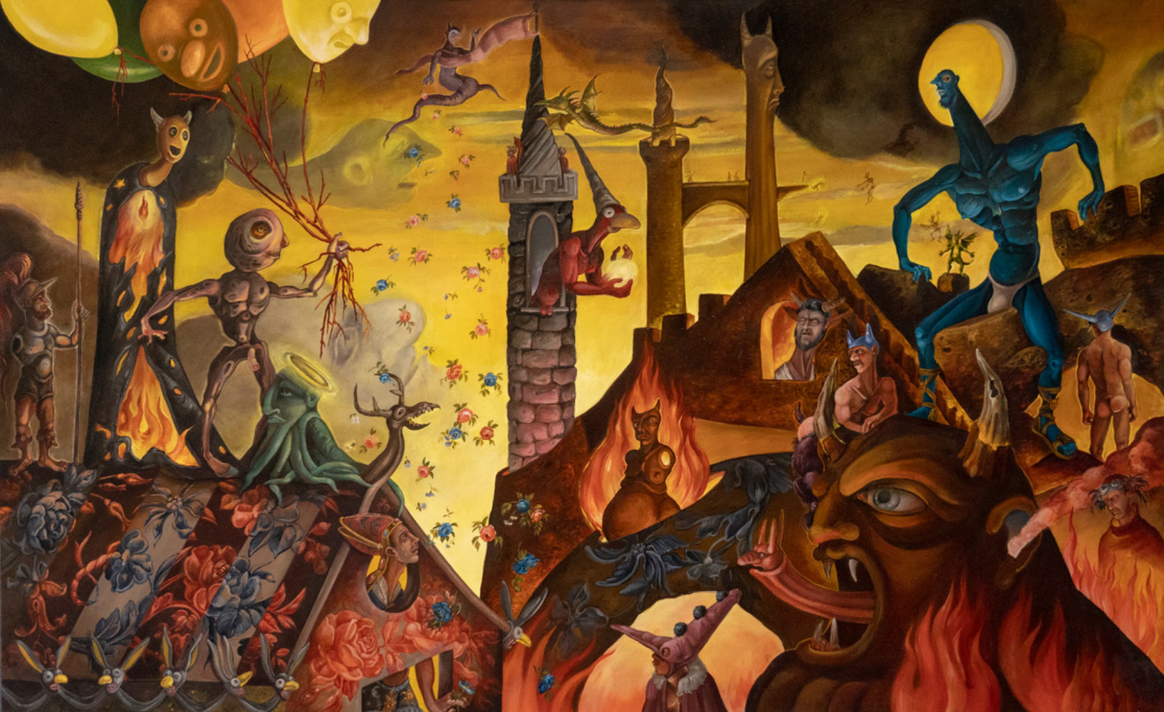A painting in which multiple figures and demon-like figures look at one another in a surreal scene with medeival and biblical icons. The background is a dark yellow sky, the foreground is populated with the variety of figures engaged in various activities, like a small town full of corporeal evil.