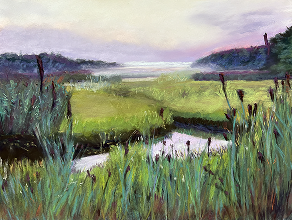 A drawing of a marshy area leading out to sea at either the very early or late part of the day, when the sun is low in a partially overcast sky. Some marshy area and tall plants are visible in the foreground.