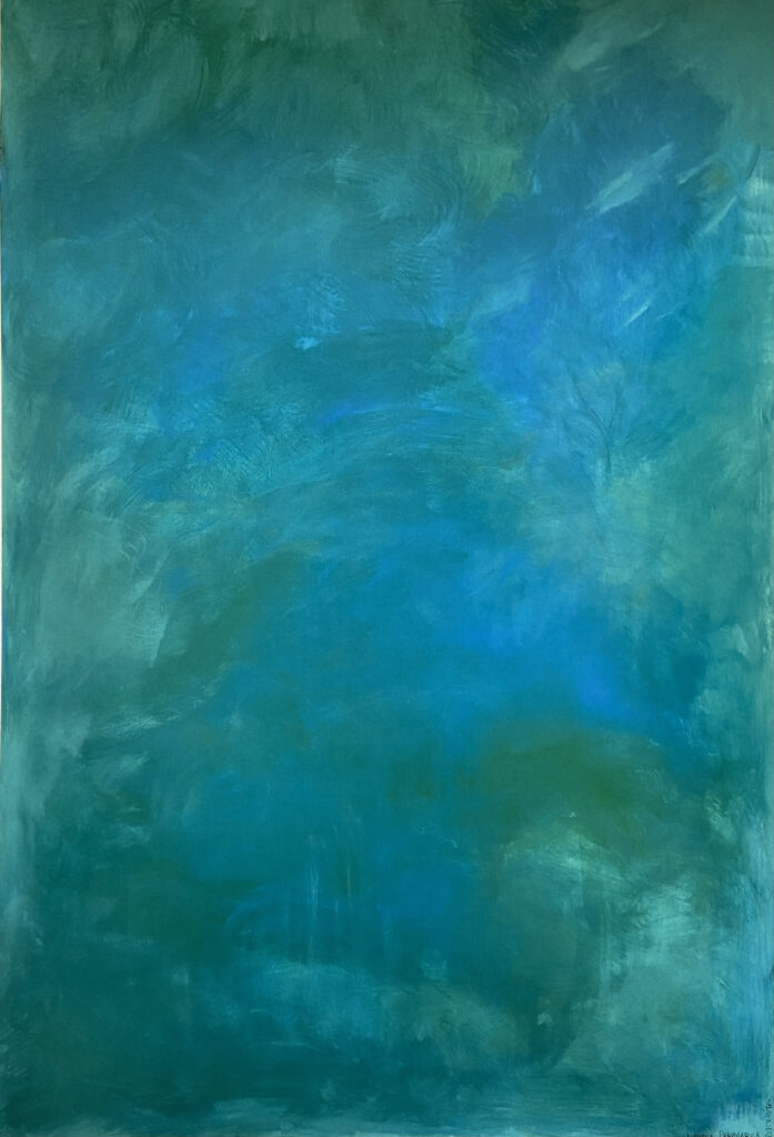 An abstract painting of a surface composed of light blue and sea green, resembling a sea of bright blue water