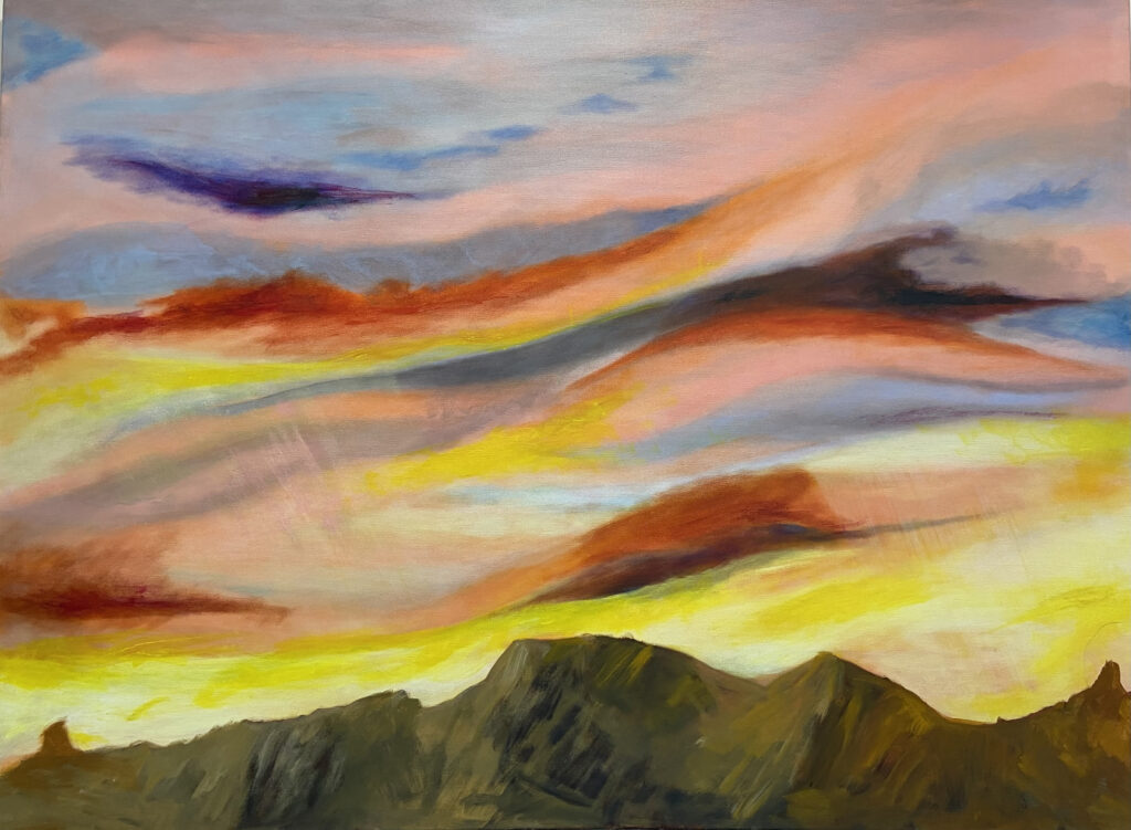 A scene of a sunrise (or sunset) just behind a ridge of mountains. The brushstrokes are very loose and expressionistic, with pink, blue and lavender clouds lightening toward bright yellow at the tops of the mountains