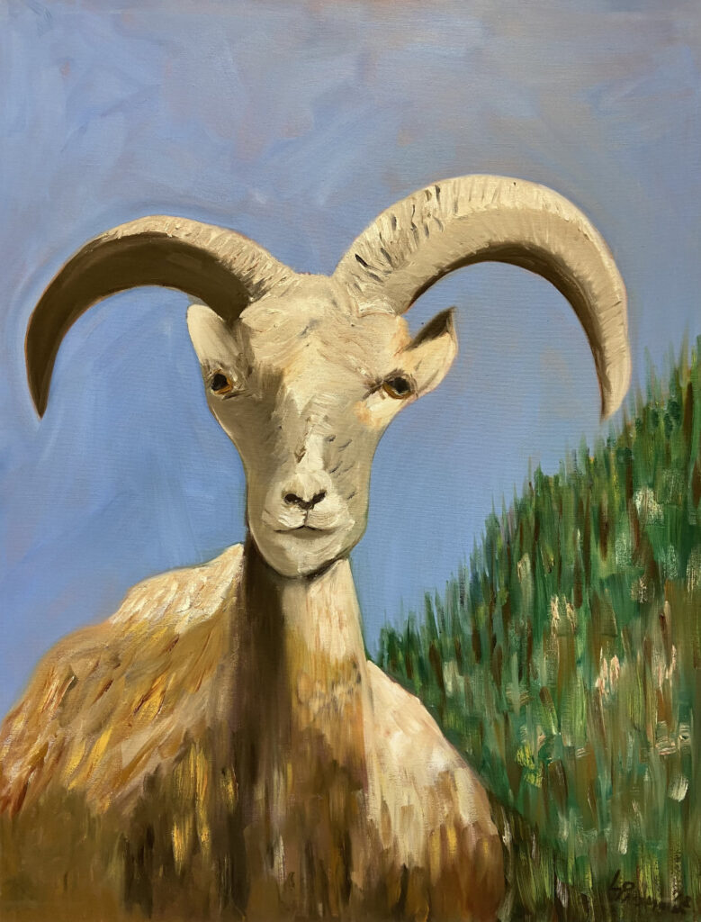 A stylized painting of a mountain ibex shown against the background of green and brown painted to resemble a steep hillside. The ibex is composed of thick, white, brown and ochre brushstrokes