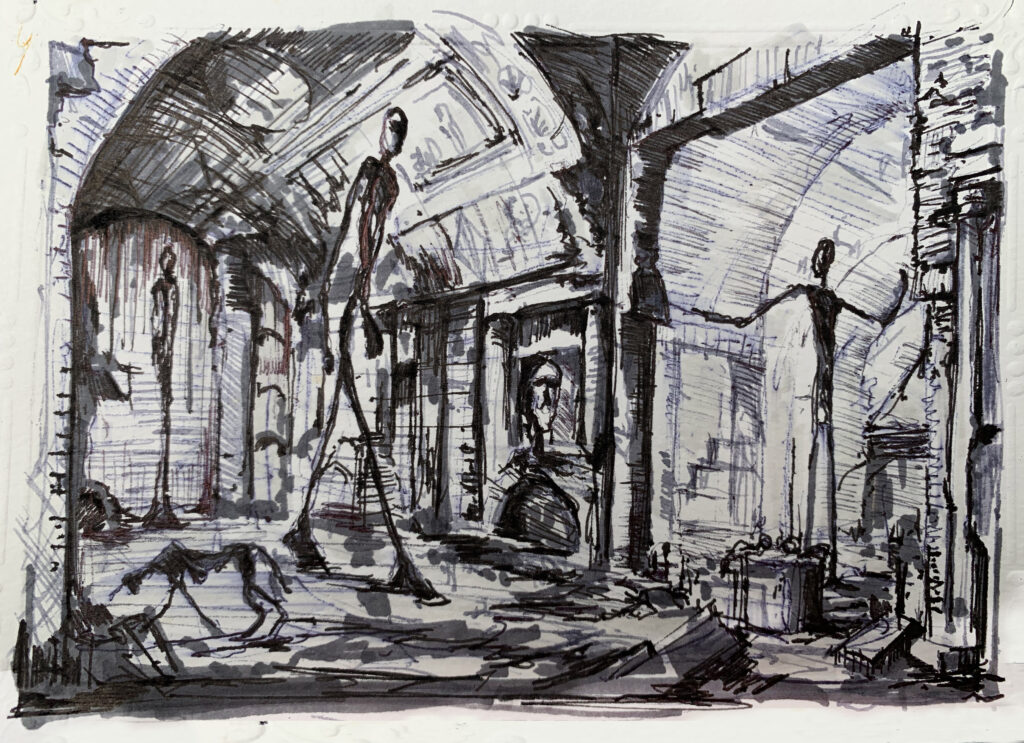 An expressive sketchbook-like drawing of a room made of classical architecture with several very large, thin figurative sculptures placed throughout. The sketch is in black ink on a white surface.