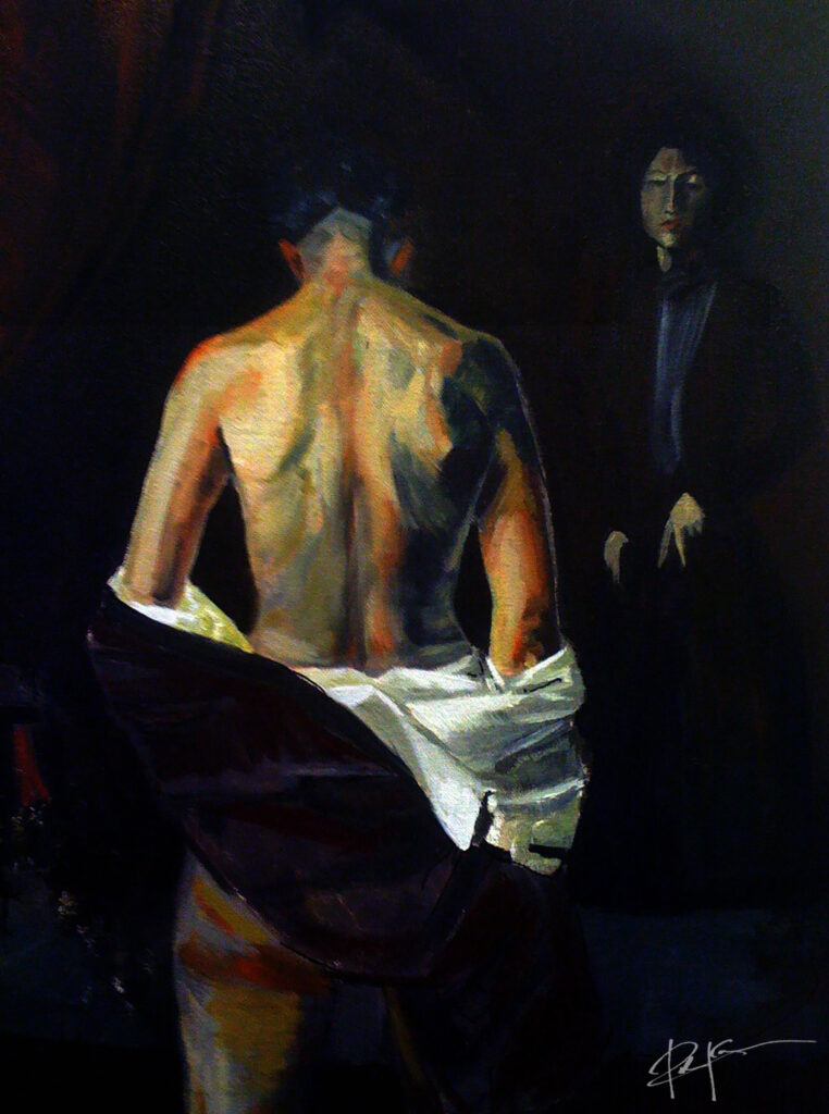 A painting with a single light source shining on a female figure with her back turned toward the viewer and her upper clothing down around her waist. Another female figure is seen in a dark dress standing further in the background, almost concealed in the surrounding darkness. She faces the figure with an almost detached expression.