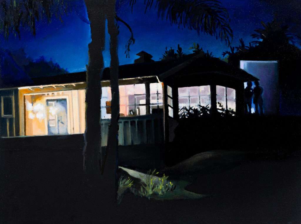 A ranch house in a suburban setting is seen at night. The house is brightly-lit from within and from behind by a twilight sky in the background. The silhouettes of two people in conversation are seen standing along the side of the house.