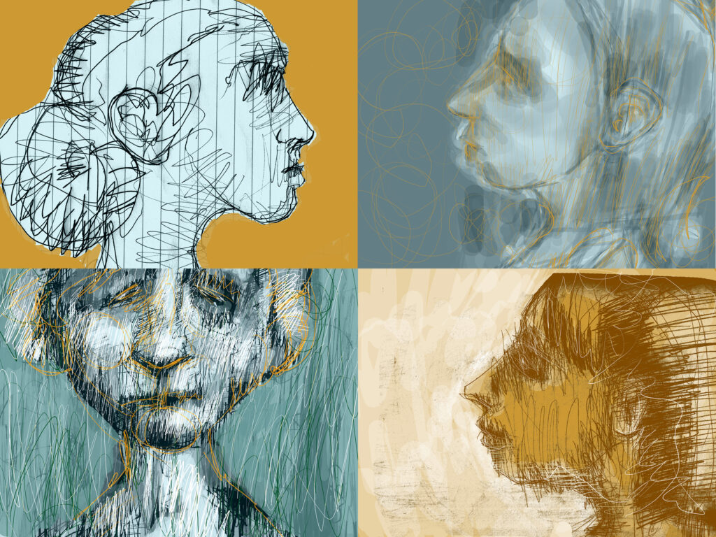 A digital painting divided into 4 equally-size rectangle spaces. Each space is a stylized digital sketch of a woman's head either from the side or straight ahead, and each uses a simple color palette of black, white, grey, yellow and a tan brown.