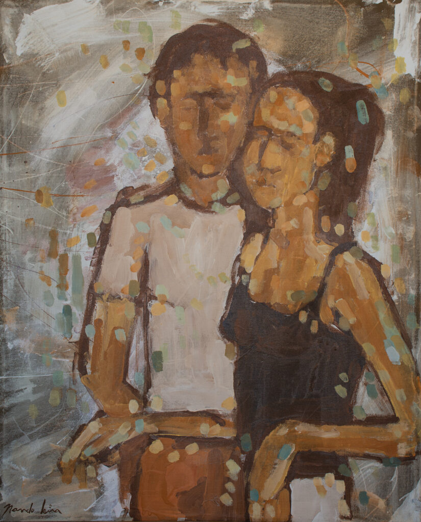 A stylized painting of a man and woman holding hands and embracing. The color palette is simple browns, black and white with light blue and yellow paint strokes dabbed throughout.