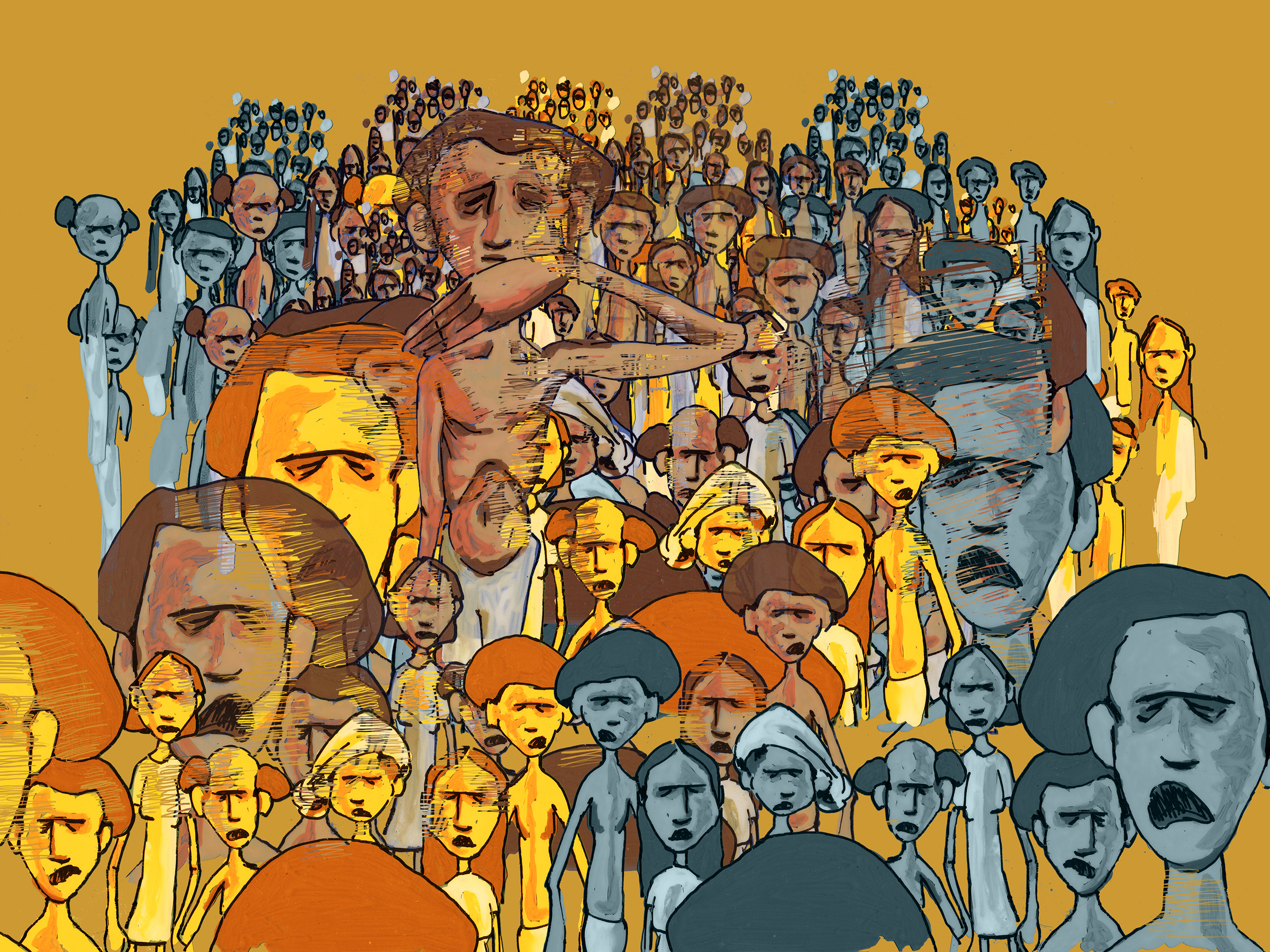 A stylized drawing of large crowd of people. Each human figure is rendered in tans, yellow and orange or shades of grey. Some of the figures in the foreground appear to be very thin and even emaciated-looking.