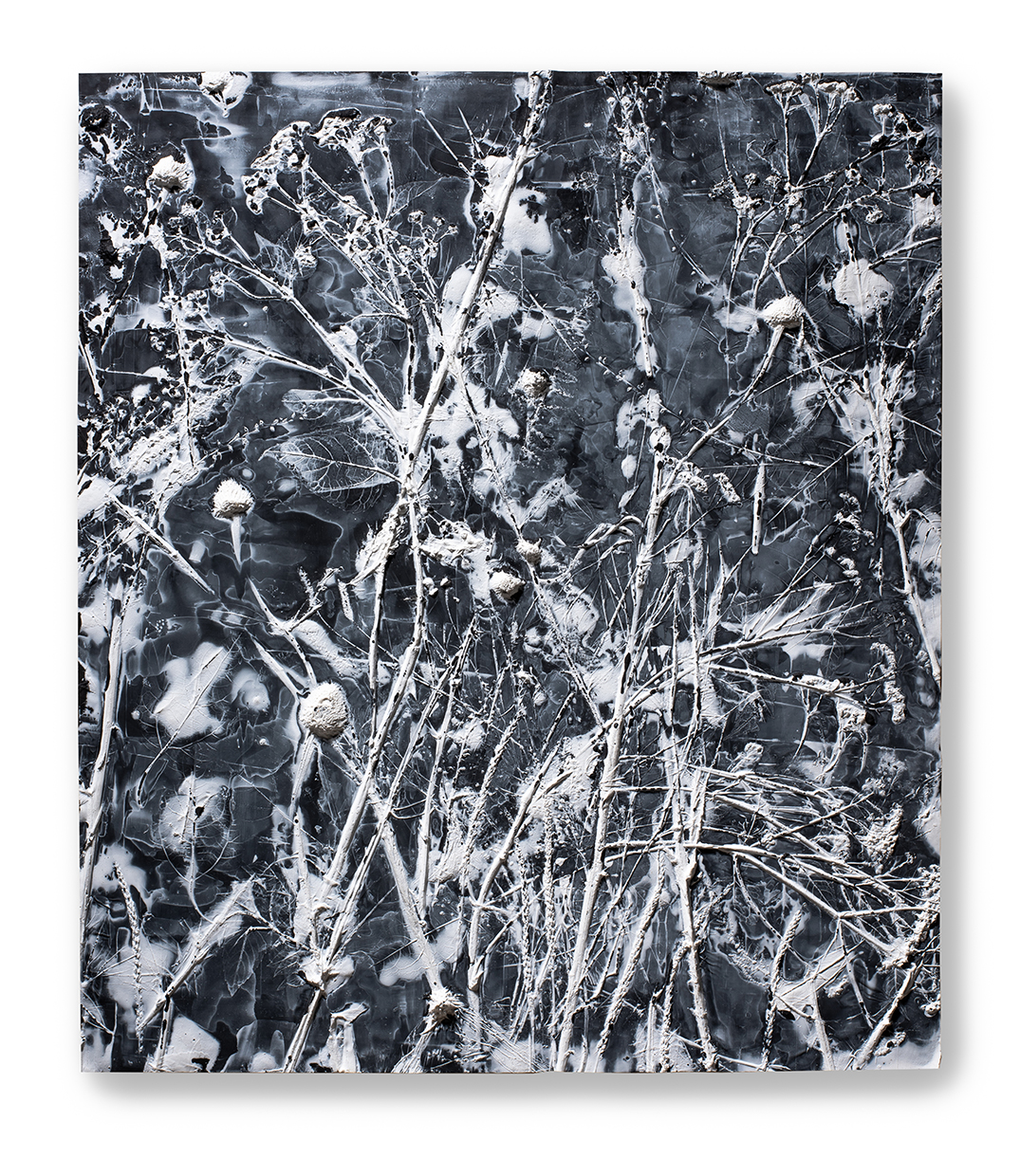 An painting in black and white tones composed of imagery of leaves, stems of bushes, and snowy white spots that is arranged among brush strokes and streaks of paint in a manner that makes it look like a large abstract drip piece.