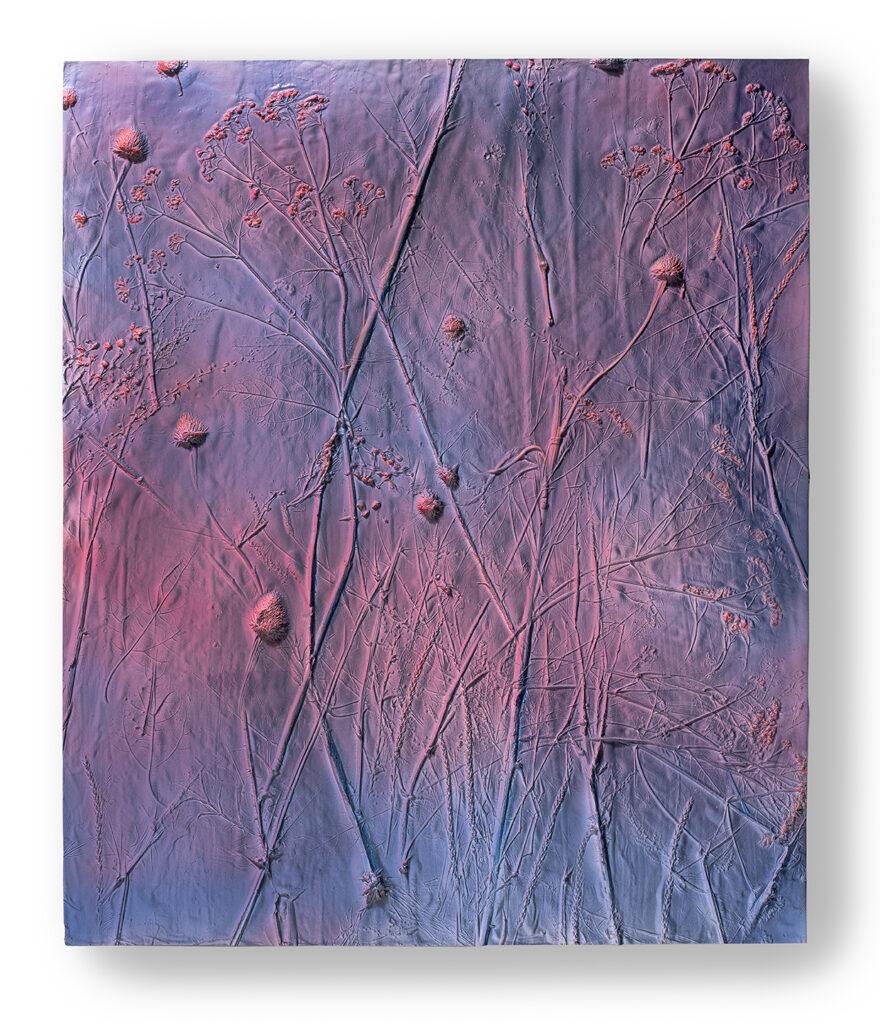 A painting in lavender and pink tones of some floral stems and buds laid out almost as if it's an abstract piece.