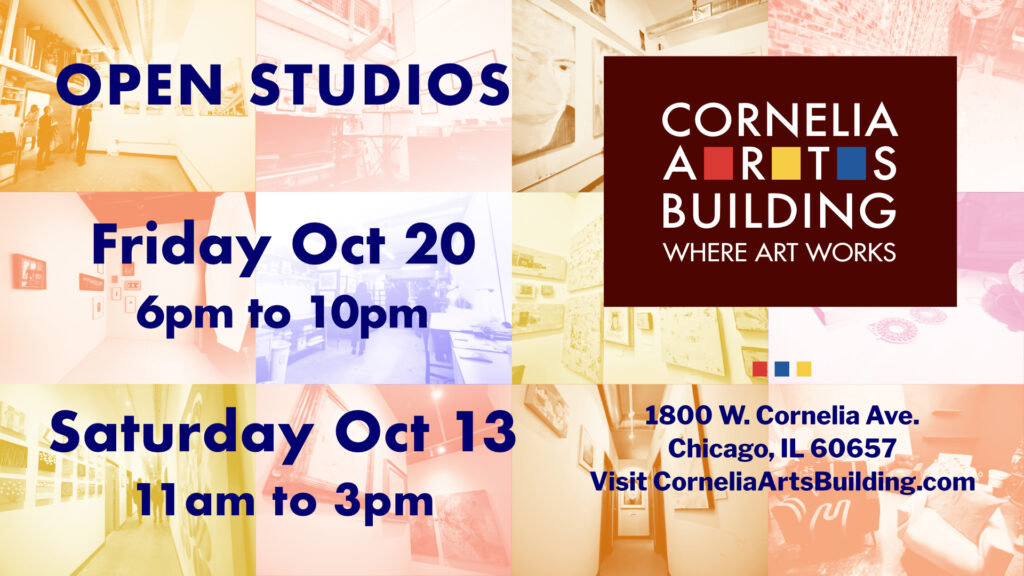 A show graphic shows a grid of light, pastel-tinted photographs of artwork, studio interiors, and people viewing art is overlaid by the Cornelia Arts Building logo and information about a show on October 20 & 21, 2023