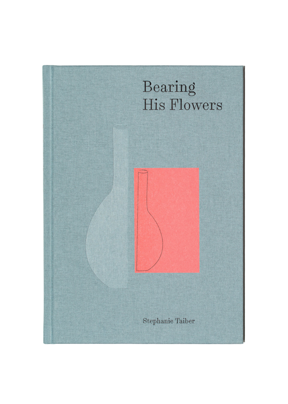 A photo of a book cover that includes the title "Bearing His Flowers", the artist's name Stephanie Taiber and the simple outlines of a pair of flower vases with long necks in light blues, salmon and simple outlines