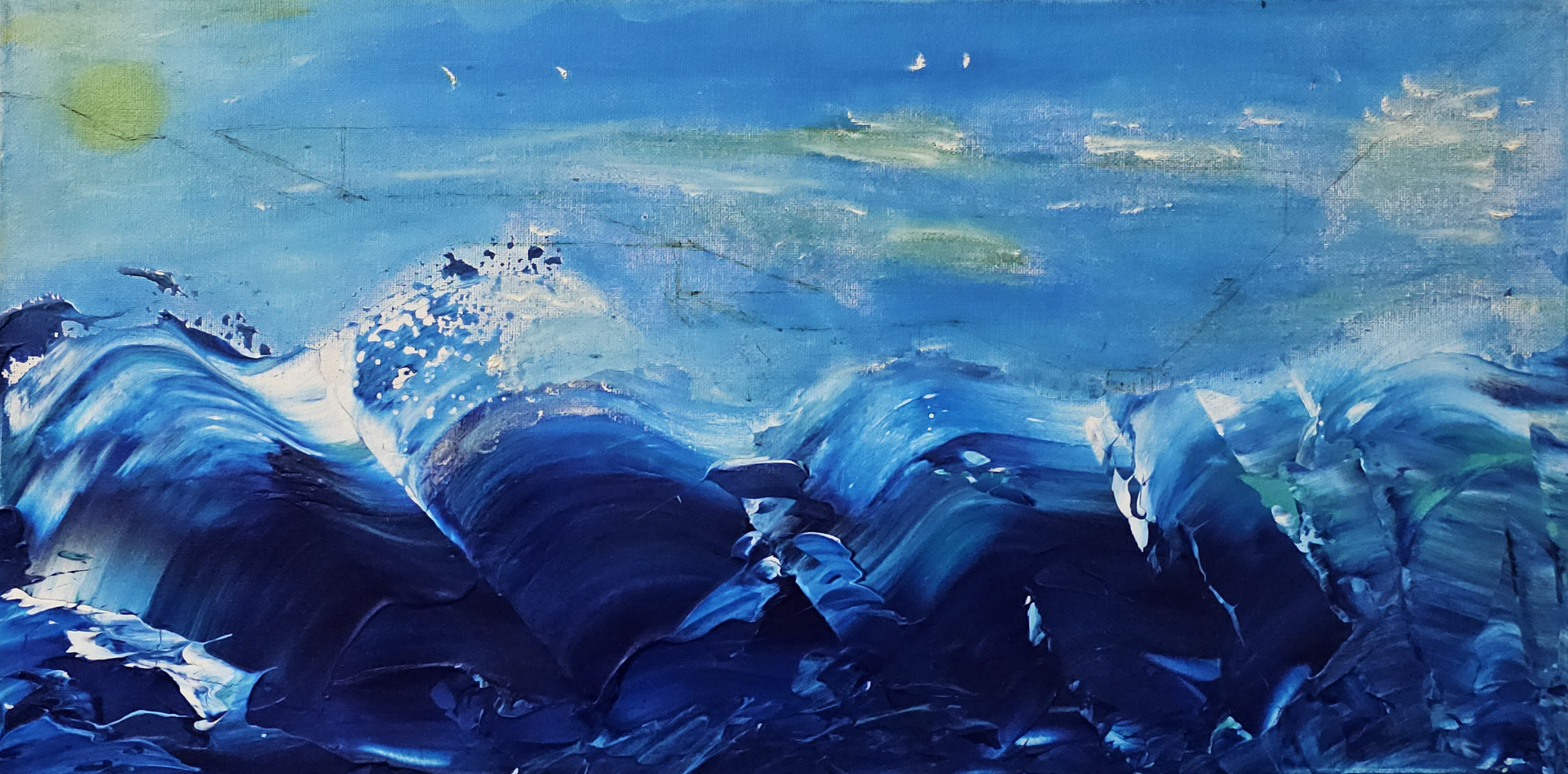 A heavily stylized painting of waves and a sun rendered with heavy palette knife application of white and blue