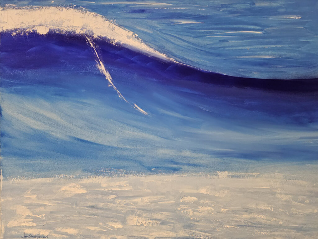 A painting that resembles a wave crashing rendered in white and blue