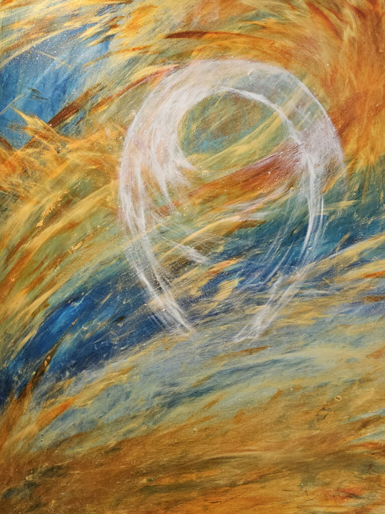 An abstract painting of orange and blue tracts of paint with some white paint in a whirl shape overlaying it