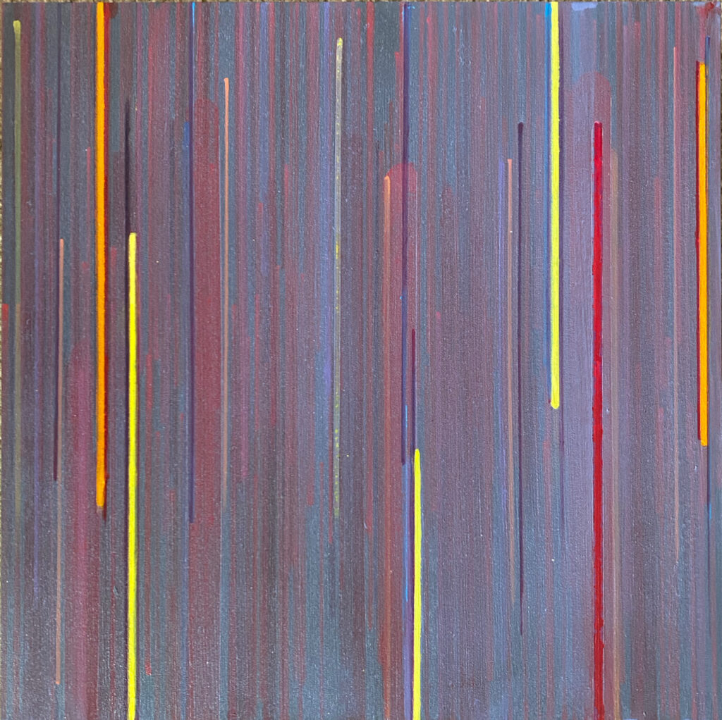An abstract painting shows a grey-purple patterned background overlaid by vertical streaks of red, orange, blue and purple, as though they were elongated rain drops falling through the sky