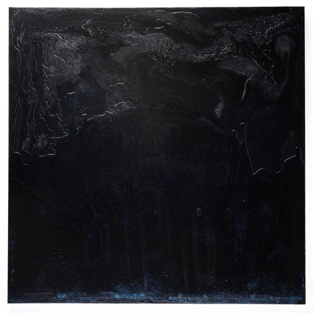 A mostly black, textured painting shows a murky depiction of a fluid of some sort with slight hints of reflective glitter throughout.